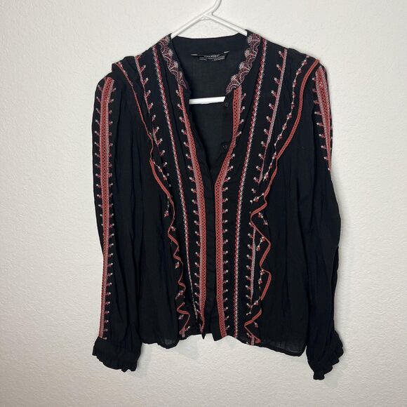 Zara Tops - Zara Woman Blouse Womens XS Black Red Embroidered Boho Ruffle Long Sleeve Top